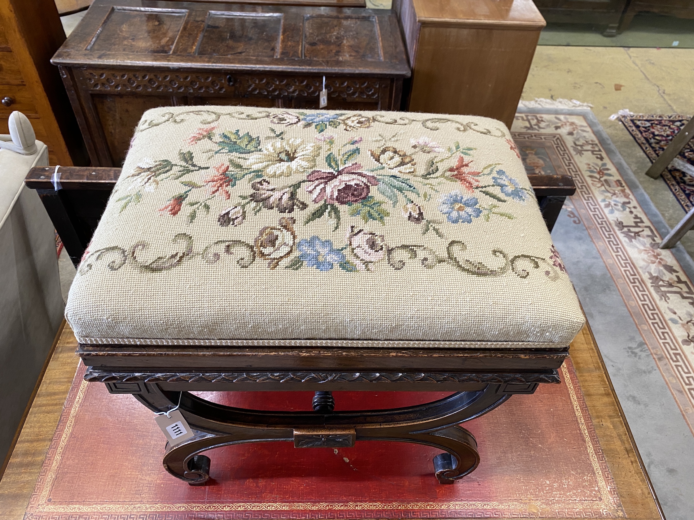 An early 20th century Regency style mahogany X frame dressing stool with tapestry box seat, width 60cm, depth 42cm, height 54cm